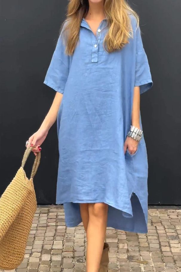 Women's New Cotton and Linen Pure Color Casual Lapel Button Long Dress _mkmklike.com