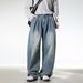 Vintage Washed Denim Jeans For Men - Relaxed Straight Fit With Cross-Pleated Design, Classic Old Money Style, Casual Trousers_mkmklike.com
