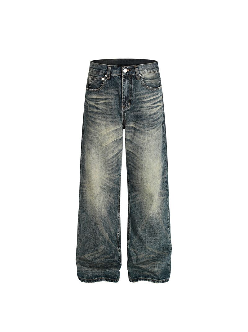 Cleanfit Washed Denim Pants – Men's Relaxed Straight-Leg Jeans With Vintage Creases & Stacked Hem (S-XXL)_mkmklike.com