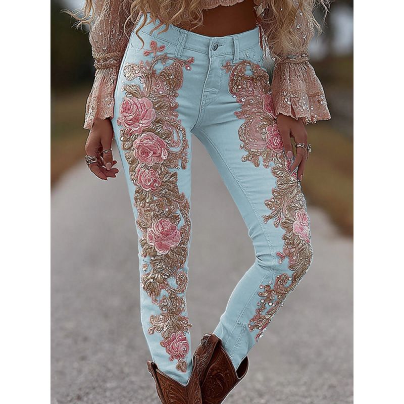 3D Floral Print Straight Leg Jeans For Women – Stretch Comfort & Artistic Design (Multiple Colors: Black/Blue/Pink/Purple)_mkmklike.com