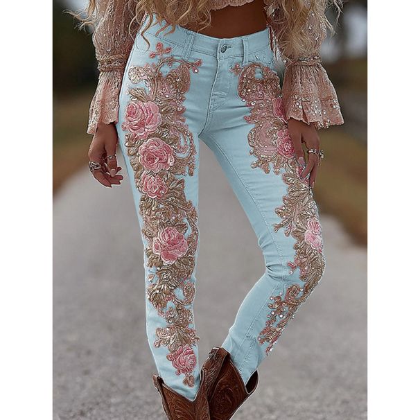 3D Floral Print Straight Leg Jeans For Women – Stretch Comfort & Artistic Design (Multiple Colors: Black/Blue/Pink/Purple)_mkmklike.com