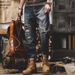 Men's Slim Fit Blue Distressed Jeans Stretch Denim Casual Straight Leg Pants with Ripped Details for Everyday Wear_mkmklike.com