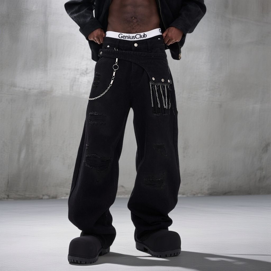 Men's Black Distressed Straight Leg Jeans – Streetwear Essential | Relaxed Fit & Edgy Style Relaxed Straight Fit_mkmklike.com