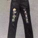 Black Splatter Paint & Red Rhinestone Patch Jeans – Distressed Slim Fit Denim Pants For Streetwear_mkmklike.com