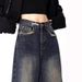 American Retro Blue-gray High-waisted Loose Denim Pants For Women, Spring Autumn Washed And Distressed Straight Casual_mkmklike.com