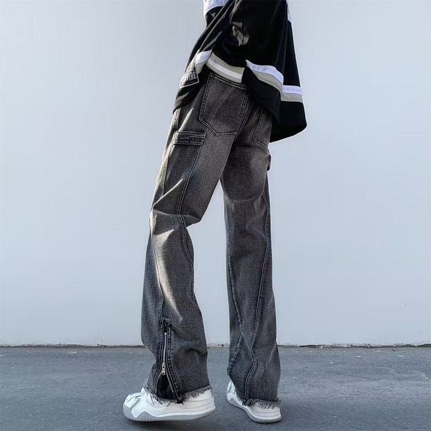 Men's American High Street Style Summer Washed Jeans Slightly Flared Side Zipper Slit Retro Long Pants Versatile Denim_mkmklike.com