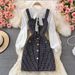 Women's temperament bow tie shirt two-piece suit tweed plaid suspender dress_mkmklike.com