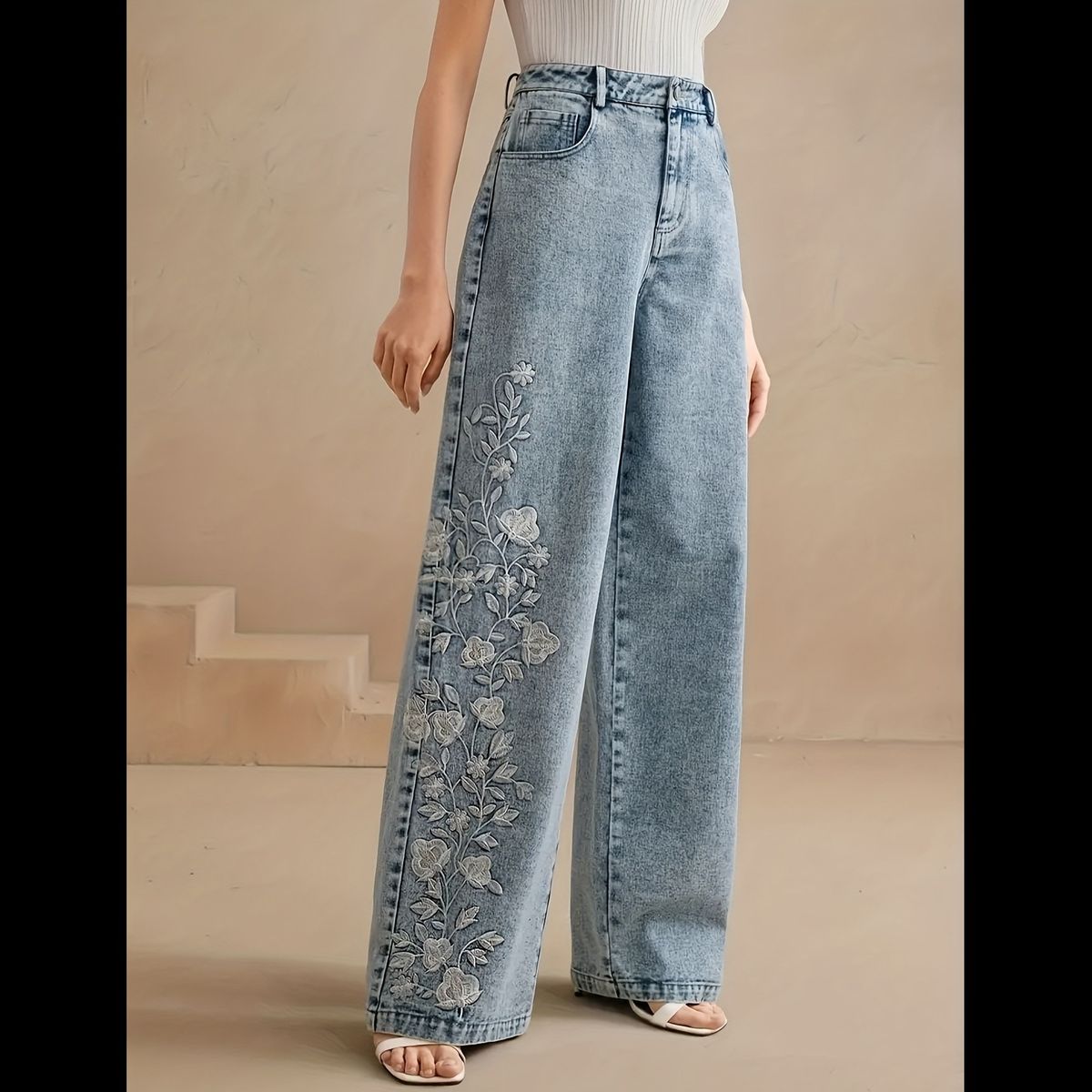 Women's Fashion Casual Embroidered Wide Leg Stretch Jeans Label Printed Simple Versatile European American Style_mkmklike.com