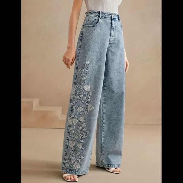 Women's Fashion Casual Embroidered Wide Leg Stretch Jeans Label Printed Simple Versatile European American Style_mkmklike.com
