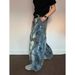 Unisex American Vintage Washed Distressed Jeans – Oversized Scythe Cut Denim With Raw Hem & Paint Splatter Effect_mkmklike.com