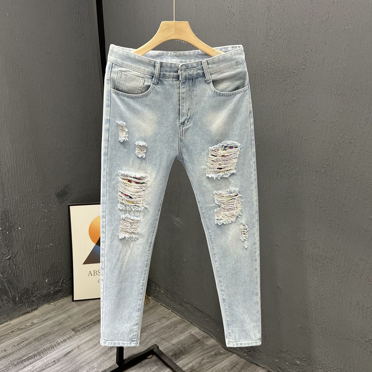 Summer Small Leg Jeans Ripped Beggar Nine Quarter Men's 2024 New Rolled Edge Slim Fit Casual Pants_mkmklike.com