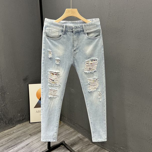 Summer Small Leg Jeans Ripped Beggar Nine Quarter Men's 2024 New Rolled Edge Slim Fit Casual Pants_mkmklike.com