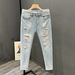 Men's Distressed Slim Fit Jeans – Vintage Washed Denim With Ripped Details & Rolled Cuff (Light Blue, 28-36, 65% Cotton, High Elasticity)_mkmklike.com