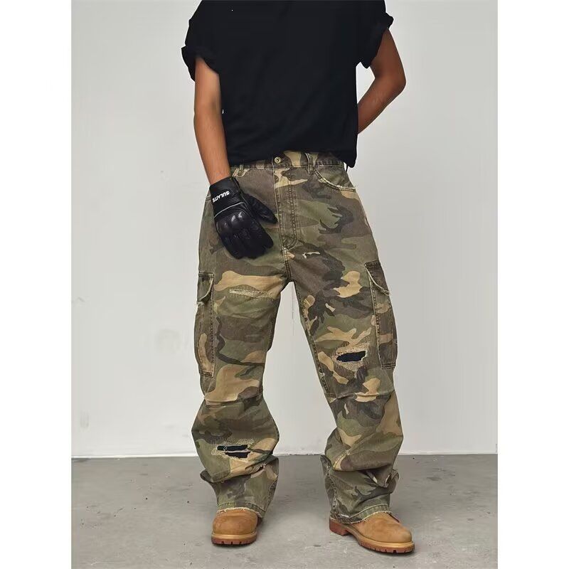 Men's Clothing Men's Camouflage Cargo Jeans Wide Leg Distressed Washed Vintage Style High Street Trendy Trousers_mkmklike.com