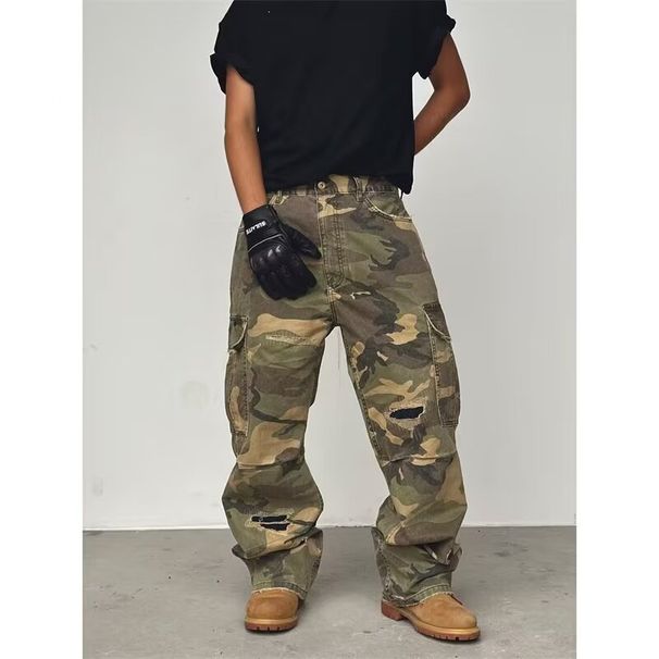 Men's Clothing Men's Camouflage Cargo Jeans Wide Leg Distressed Washed Vintage Style High Street Trendy Trousers_mkmklike.com