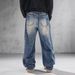 Men's Classic Blue Washed Straight Leg Jeans - Vintage Denim Pants With Hand-Painted Details Relaxed Straight Fit_mkmklike.com