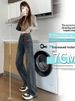 American-style High-end Petite Women's Jeans, Size 150, Fleece-lined, Black And Gray, Wide-leg, Loose-fitting, Slimming,_mkmklike.com