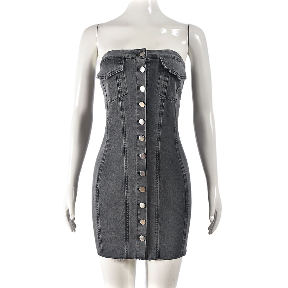 Women's Clothing Stretch Denim Skirt Spring And Summer Sexy Cardigan Button Washed Chest Dress_mkmklike.com