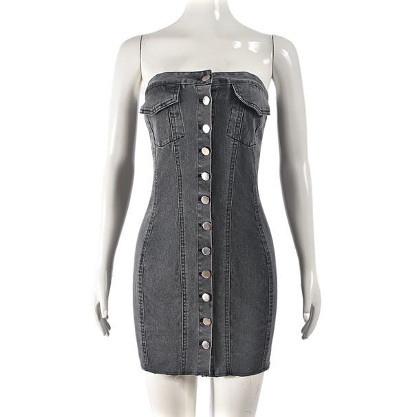 Women's Clothing Stretch Denim Skirt Spring And Summer Sexy Cardigan Button Washed Chest Dress_mkmklike.com