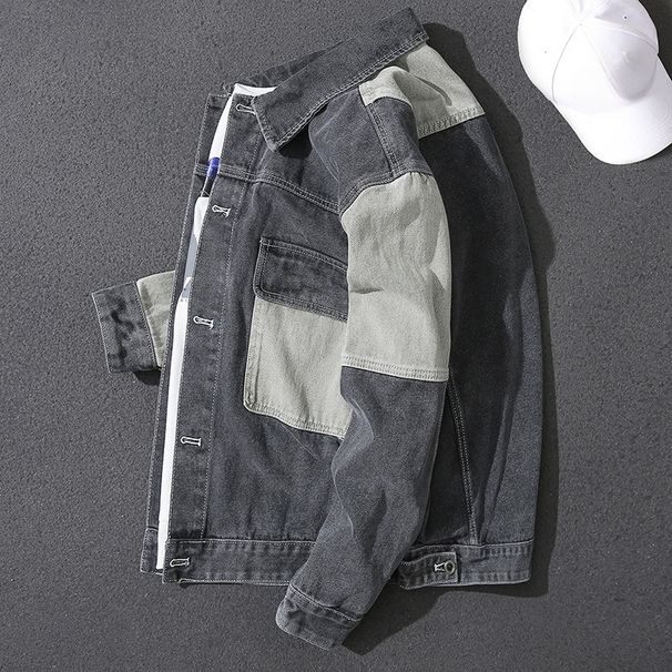 Men's Clothing Loose Workwear Plus Velvet Top Denim Jacket Korean Style Loose Fit Workwear Fleece Lined Casual Coat With Patchwork & Color Blocking_mkmklike.com