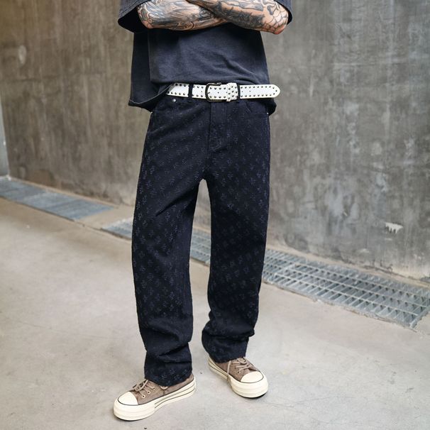 Men's Clothing New American Retro Full Print Jacquard Jeans Men's Loose Straight Washed Wide Leg Casual Trousers Men_mkmklike.com