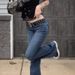 ELLE European And American Cross-Border Trade Factory Direct Supply High-Waisted Elegant Slim Fit Slightly Flared Washed_mkmklike.com