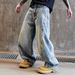 Men’s Retro Blue Wide-Leg Distressed Jeans – Vintage Bamboo Print & High Street Loose Fit_mkmklike.com