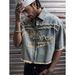 Men's Trendy Summer Retro Washed Distressed Embroidered Denim Shirt Loose Top Short Sleeved American Style_mkmklike.com