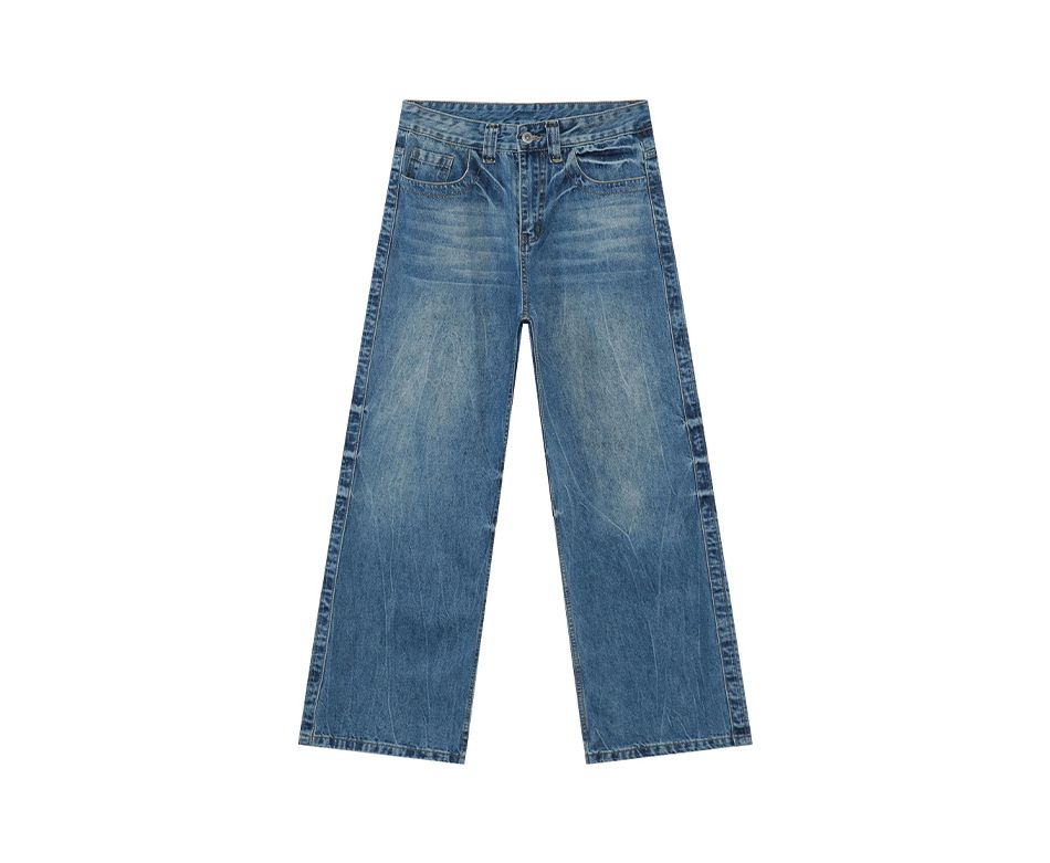 EF JEANS | 2025 Spring New American High Street Lightning Ripple Cat Shave Washed Blue Straight Jeans_mkmklike.com