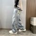Women's High-Waisted Distressed Paint-Splatter Jeans – Vintage Streetwear & Oversized Straight Leg | Washed Denim | Retro Graffiti Aesthetic_mkmklike.com