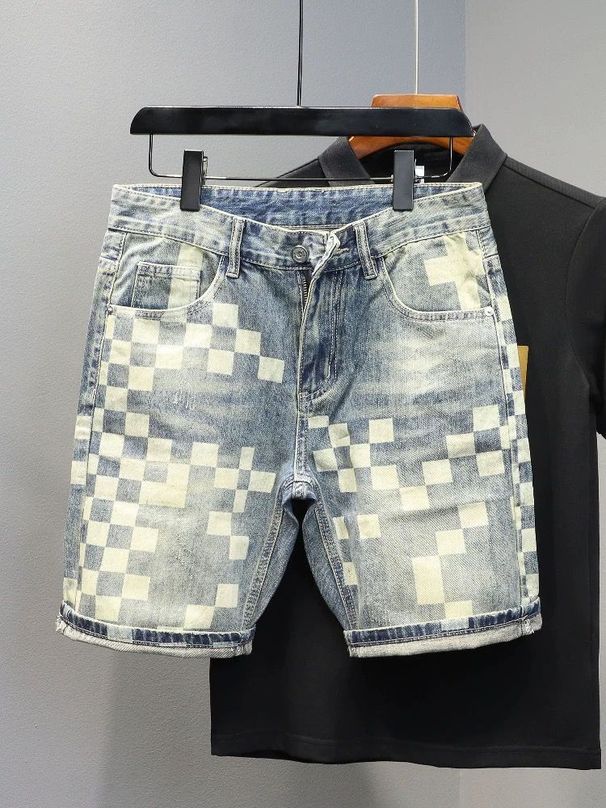 Men's Heavyweight Checkered Denim Shorts Summer Wash Distressed Retro Style Trendy Capri Pants_mkmklike.com