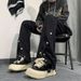 Men's High Street Straight Flared Fit Jeans Button Fly Black Cotton Blend Distressed Wash Hip Hop Style S-3XL_mkmklike.com