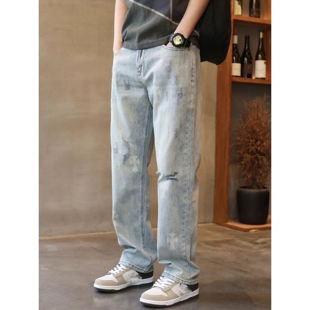 Men's Jacquard Print Straight Leg Jeans - Loose Fit Casual Denim Pants With Artistic Patterns For Trendy Streetwear_mkmklike.com