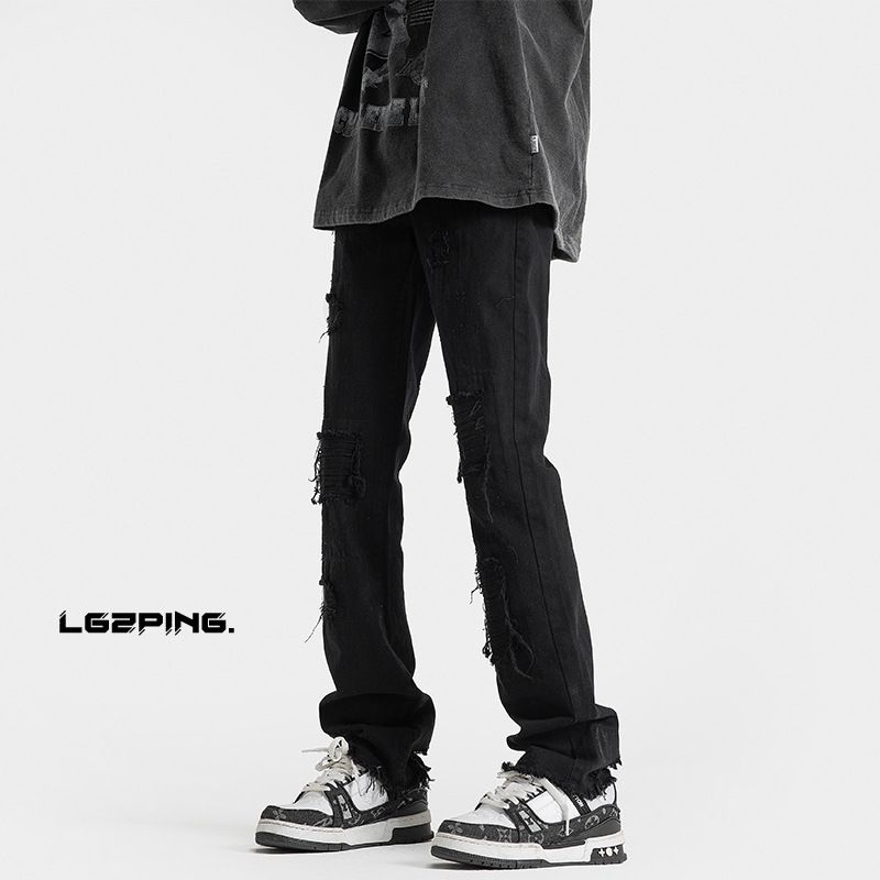 Cleanfit Ripped Jeans With Belt For Men, Trendy Brand, Slim Fit, Straight Leg, Slightly Flared, Black American High_mkmklike.com