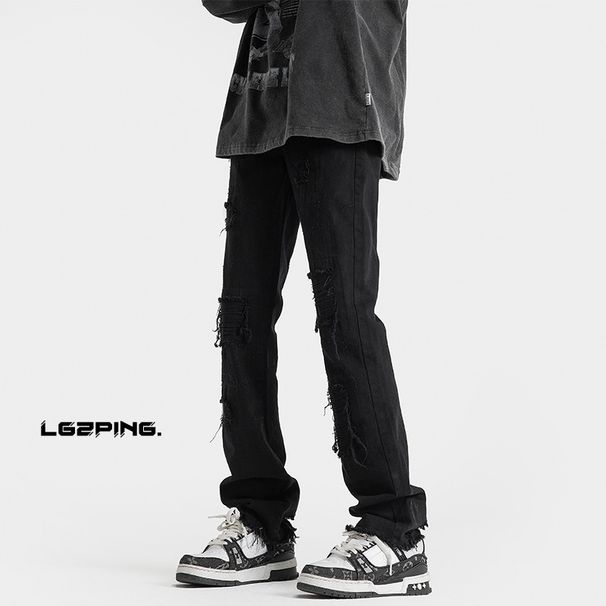 Cleanfit Ripped Jeans With Belt For Men, Trendy Brand, Slim Fit, Straight Leg, Slightly Flared, Black American High_mkmklike.com