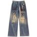 American Pants Men's Summer Ink Splashing Jeans Ripped High Street Men's Straight Trousers_mkmklike.com