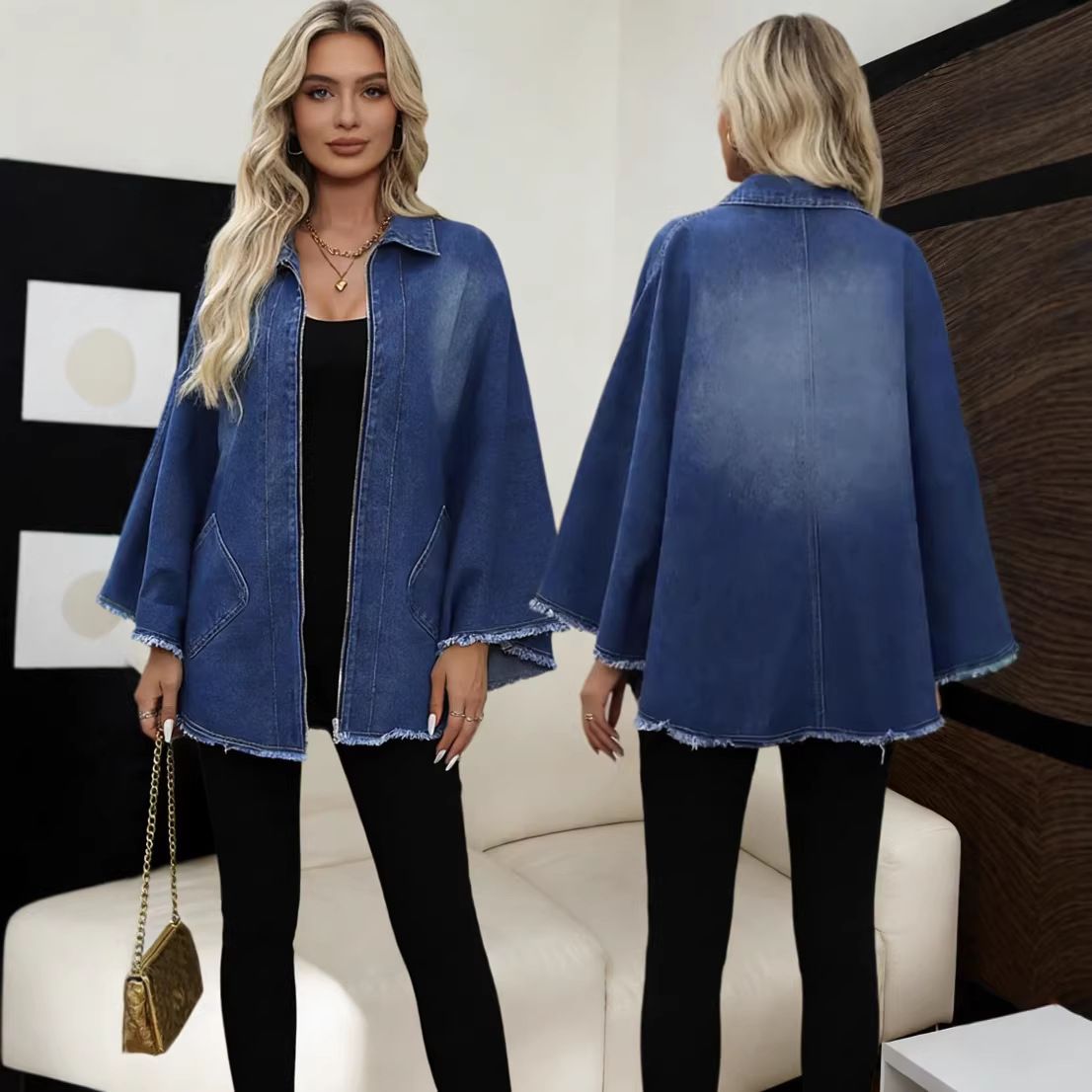 Women's Loose Lapel Batwing Sleeve Denim Jacket Fashion Top For Autumn Winter_mkmklike.com