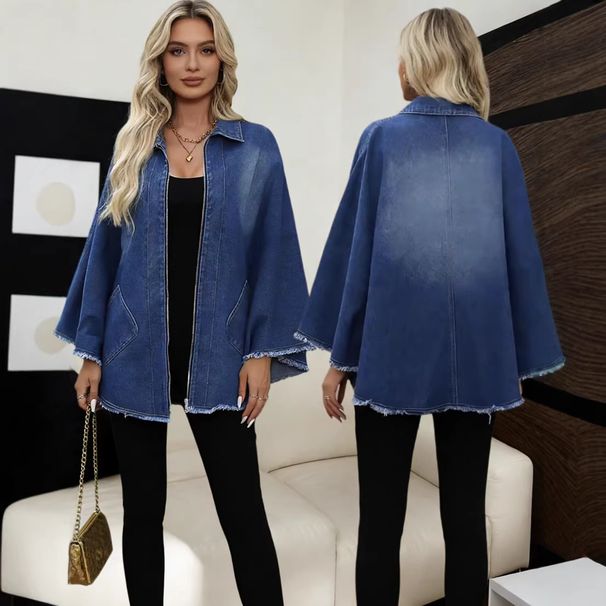 Women's Loose Lapel Batwing Sleeve Denim Jacket Fashion Top For Autumn Winter_mkmklike.com