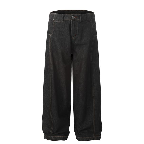 Men's Jeans Casual Versatile Dad High Street Trendy Brand Split Stitching Loose Wide-Leg Straight Long Pants_mkmklike.com