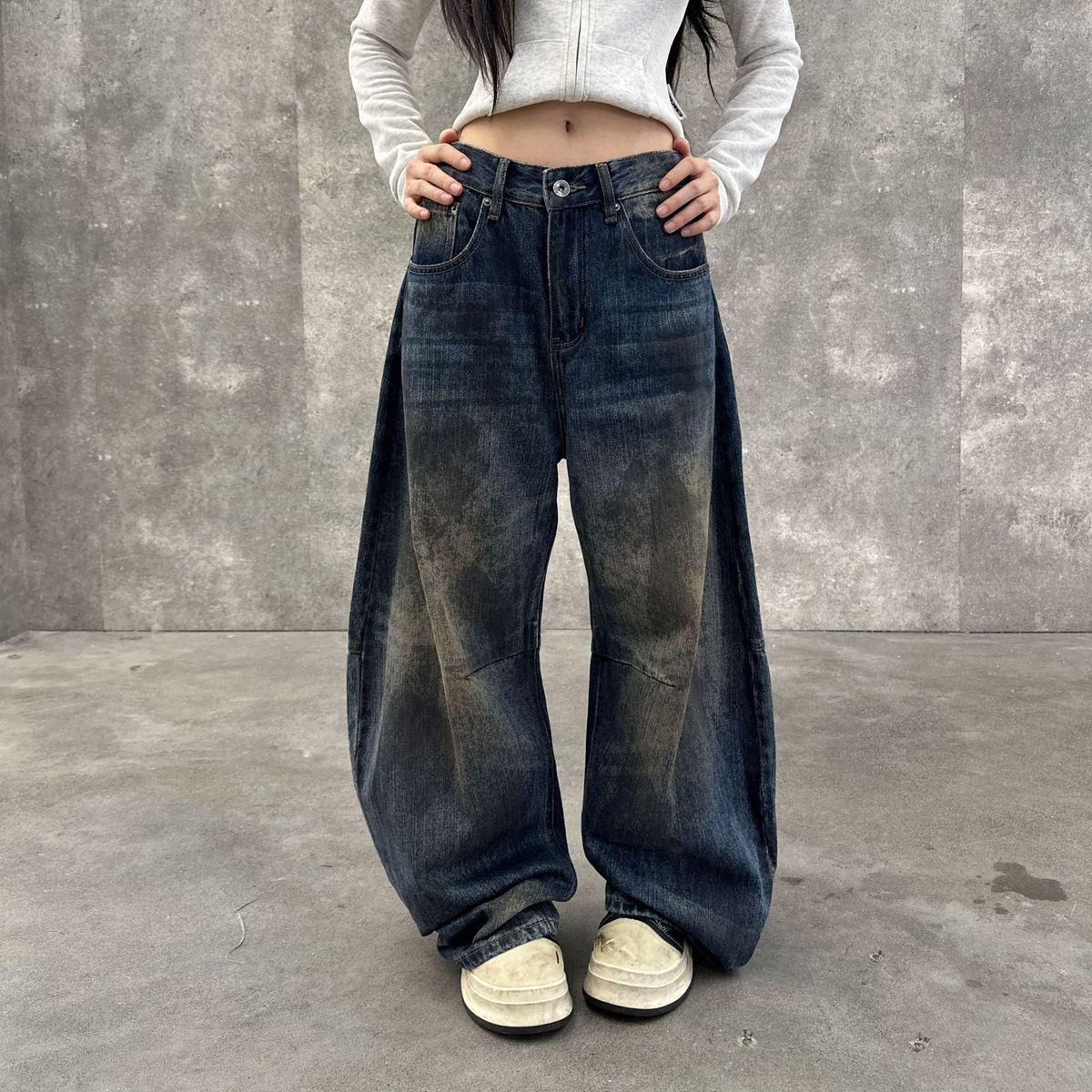 Unisex Retro High Street Distressed Denim Jeans With Patchwork Design, Baggy Straight Leg & Vintage Wash For Urban Streetwear_mkmklike.com