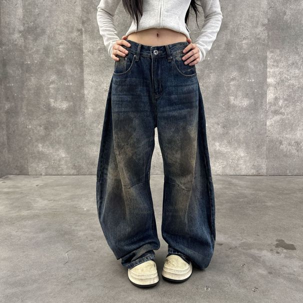 Unisex Retro High Street Distressed Denim Jeans With Patchwork Design, Baggy Straight Leg & Vintage Wash For Urban Streetwear_mkmklike.com
