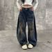 Unisex Retro High Street Distressed Denim Jeans With Patchwork Design, Baggy Straight Leg & Vintage Wash For Urban Streetwear_mkmklike.com
