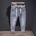 Men's Slim Fit Stretch Jeans Light Blue Distressed with Embroidery Comfortable Cropped Casual Pants for Spring Summer Fall_mkmklike.com