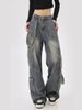 Plus-size American High-street Multi-pocket Workwear Jeans For Women, With A Unique Design, Loose Fit, Slimming Effect,_mkmklike.com