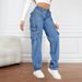 American Retro Mid-waist Multi-pocket Cargo Pants Jeans, Women's Casual Loose Straight Long Pants, Patchwork Jeans,Spring Autumn_mkmklike.com