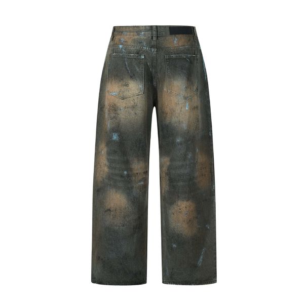 Unisex Vintage Wave-Print Jeans - Earth-Tone Washed Denim Pants With Handcrafted Distressing Heritage Wash Methods_mkmklike.com