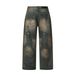 Unisex Vintage Wave-Print Jeans - Earth-Tone Washed Denim Pants With Handcrafted Distressing Heritage Wash Methods_mkmklike.com
