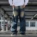 Men's Vintage Distressed Straight Leg Jeans Retro Blue Breathable Casual Wide Leg Cotton Pants mid Waist Long Length_mkmklike.com