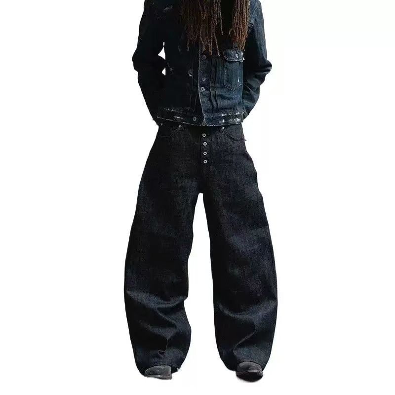 Five-button Unstripped Original Cow 14oz Loose Fixed Color Straight A-shaped Wide-leg Baggy Denim Trousers_mkmklike.com
