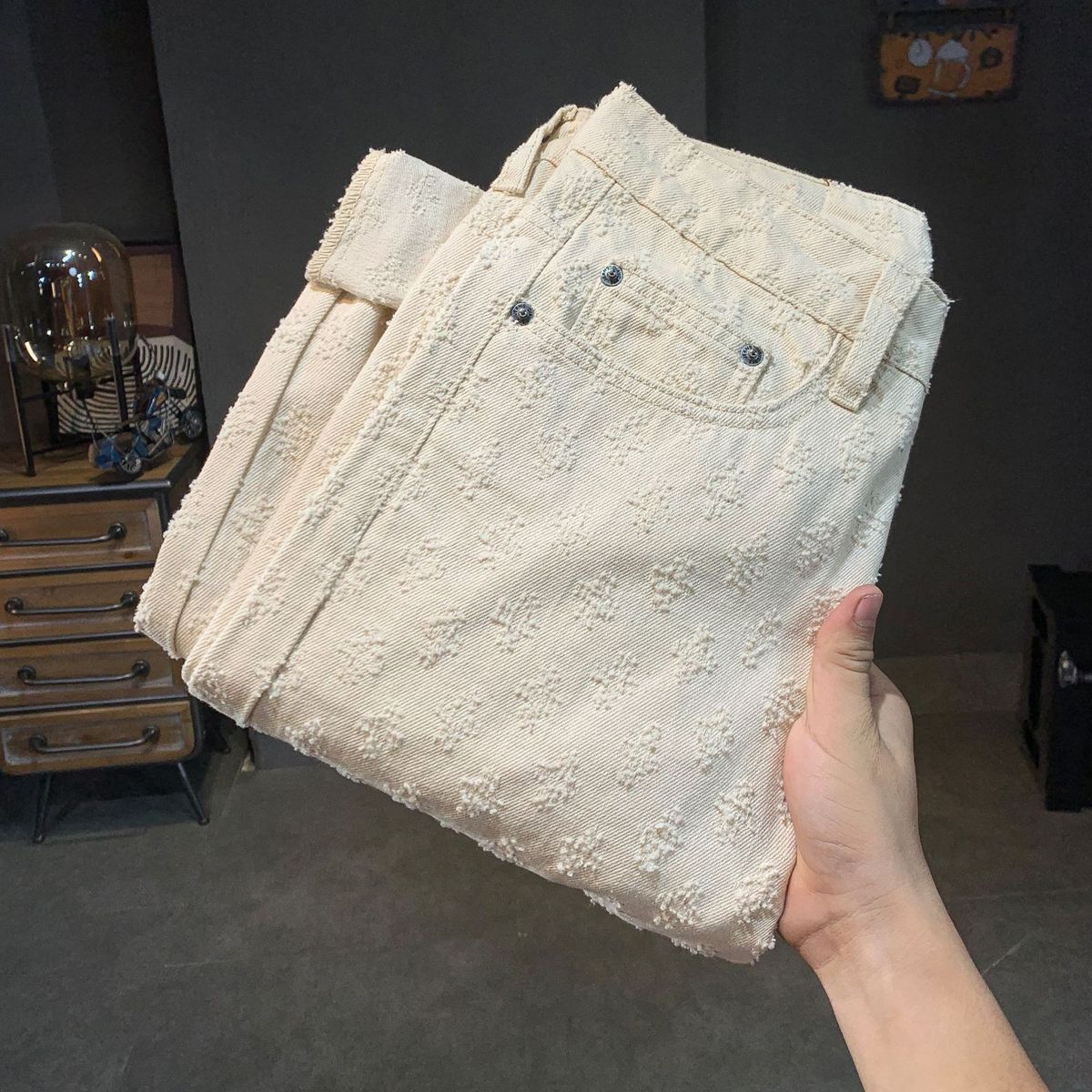Men's Clothing Xintang Fashion Ripped Jacquard Pants Men's Trendy Brand Summer Loose Straight Washed Casual Jeans Men's Thin_mkmklike.com